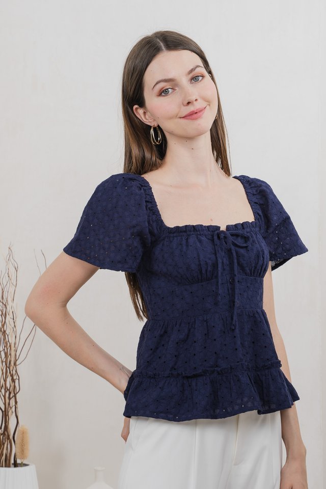 Estin Eyelet Embroidery Ribbon Top In Navy