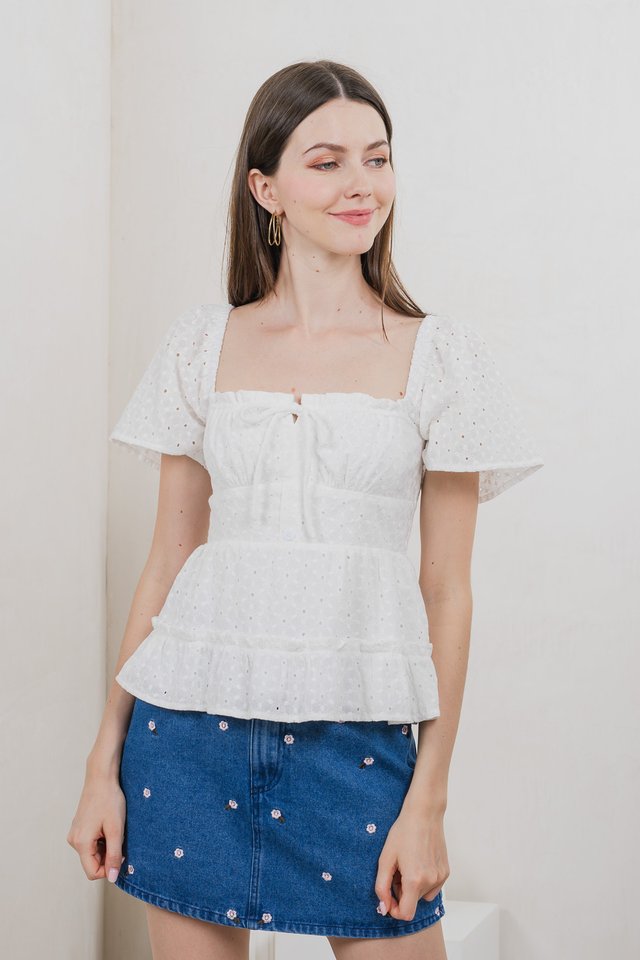 Estin Eyelet Embroidery Ribbon Top In White