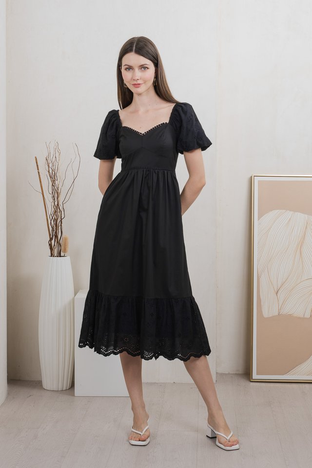 Everett Mixed Fabric Empire Midi Dress In Black