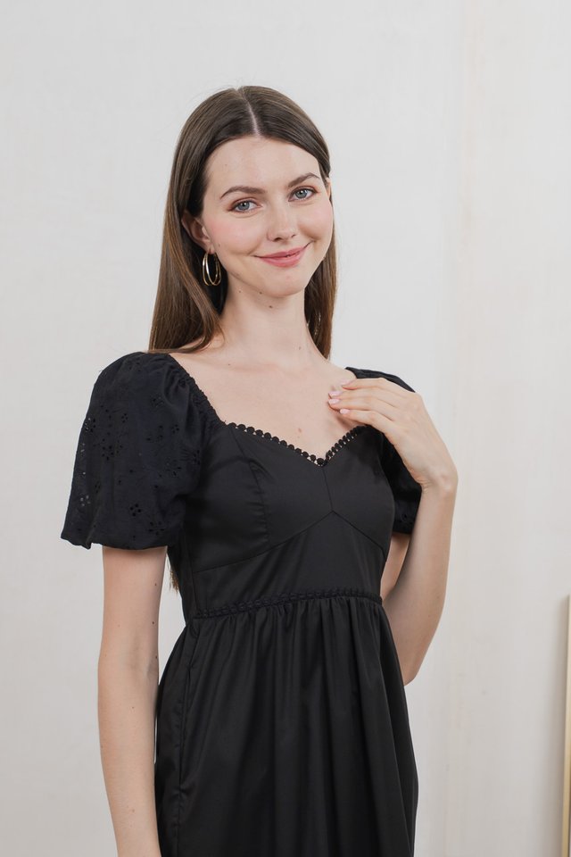 Everett Mixed Fabric Empire Midi Dress In Black