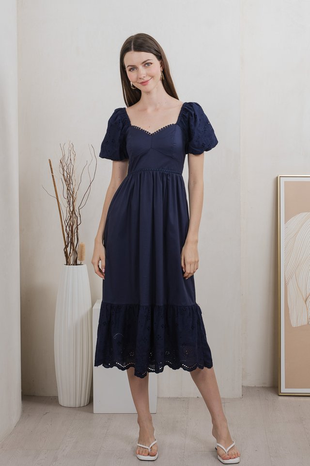 Everett Mixed Fabric Empire Midi Dress In Navy