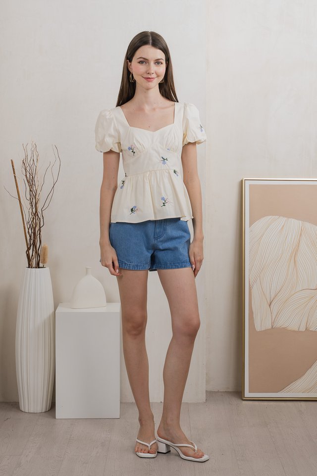 Flourish Floral Embroidery Top In Cream