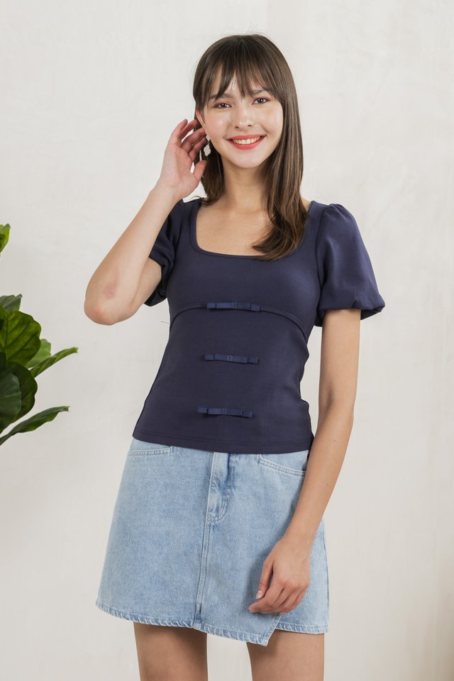 Blanca Ribbed Cotton Bow Top In Navy