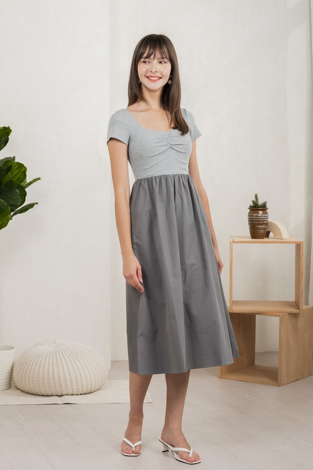 Mica Sweetheart Mix Fabric Midi Dress In Grey
