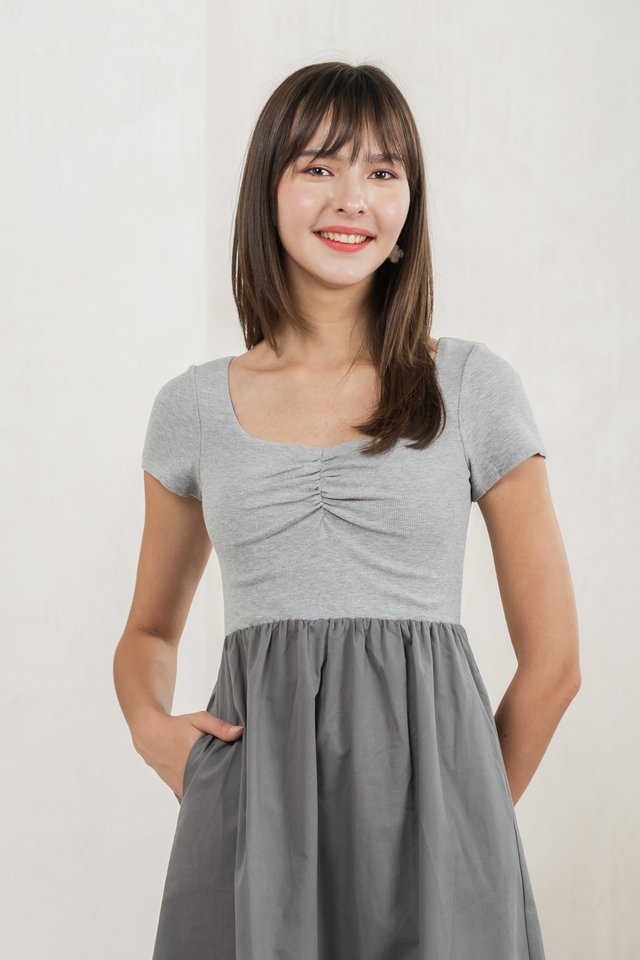 Mica Sweetheart Mix Fabric Midi Dress In Grey