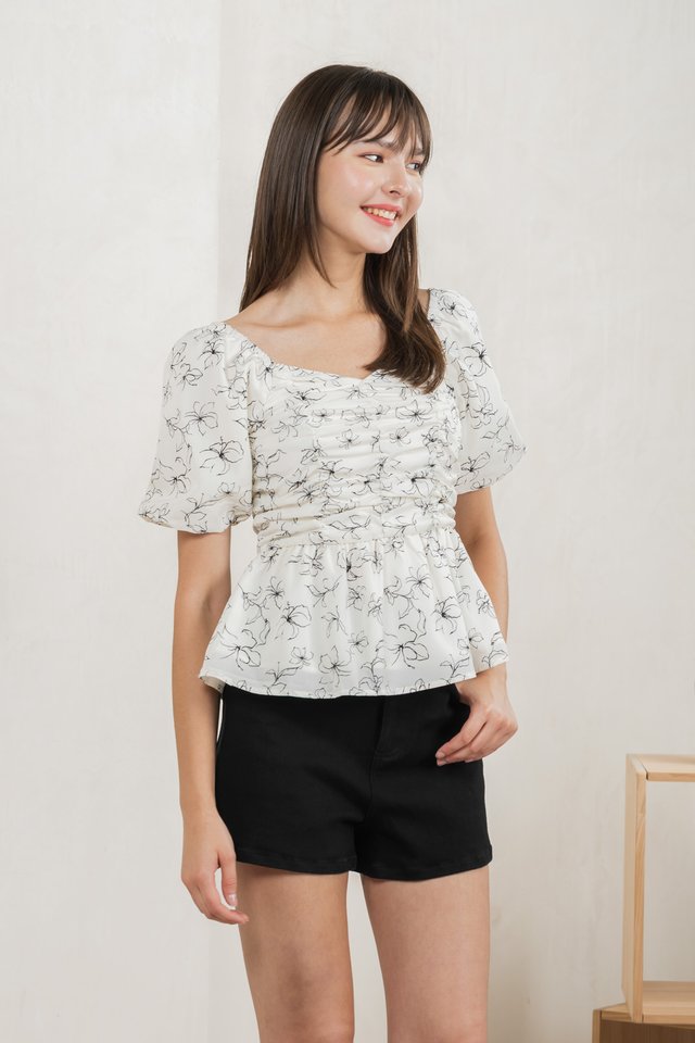 Hibiscus Floral Ruched Top In White