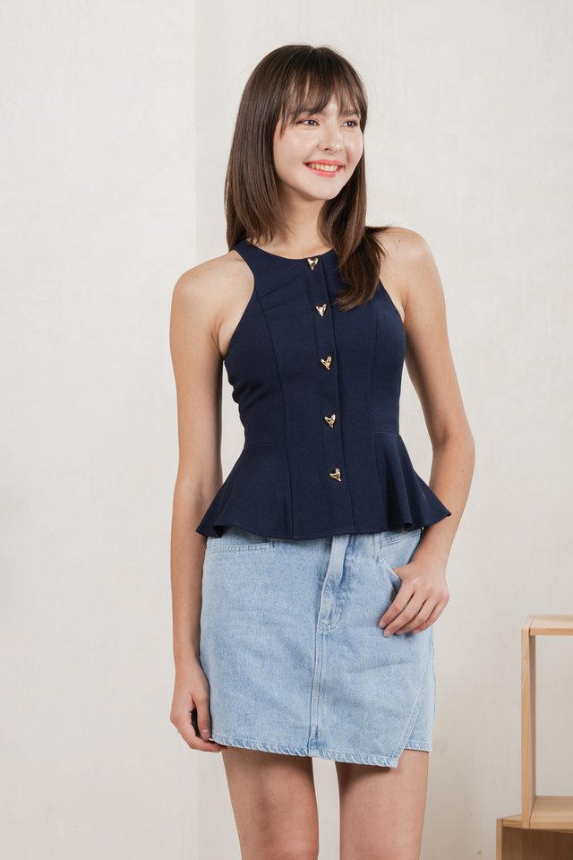 Hermia Hearts Peplum Top In Navy