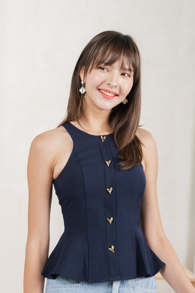 Hermia Hearts Peplum Top In Navy