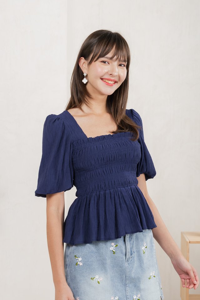 Salvia Textured Smocked Top In Navy