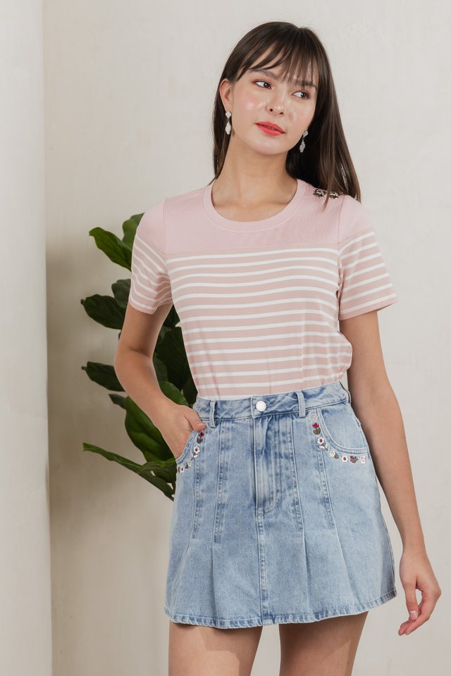 Berlin Striped Ribbon Button Tee In Pink