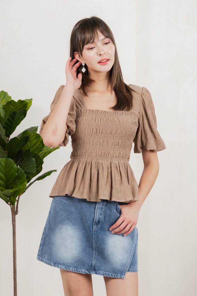 Salvia Textured Smocked Top In Khaki