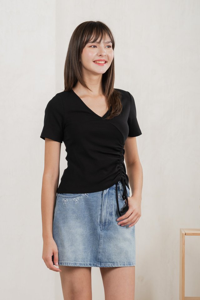 Ren Ruched Cotton Top In Black