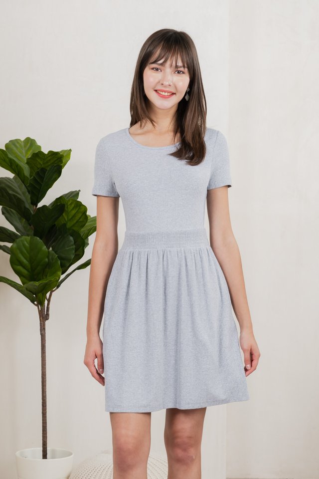 Whisper Smocked Waist Cotton Dress In Grey