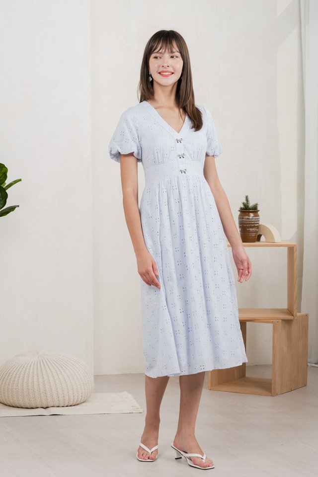 Eunice Ribbon Button Eyelet Midi Dress In Blue