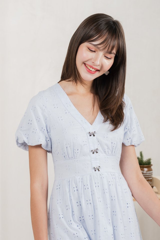 Eunice Ribbon Button Eyelet Midi Dress In Blue