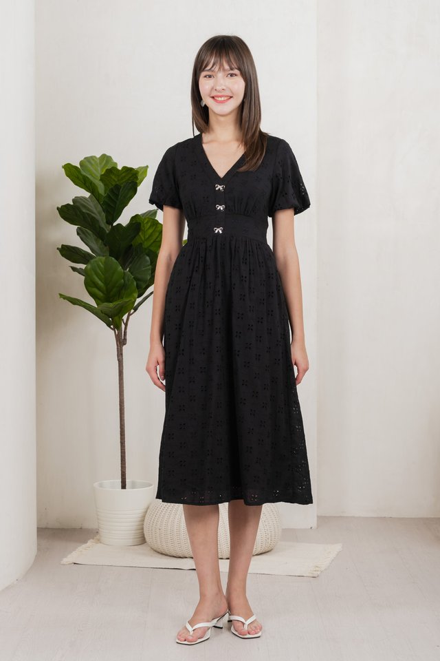 Eunice Ribbon Button Eyelet Midi Dress In Black