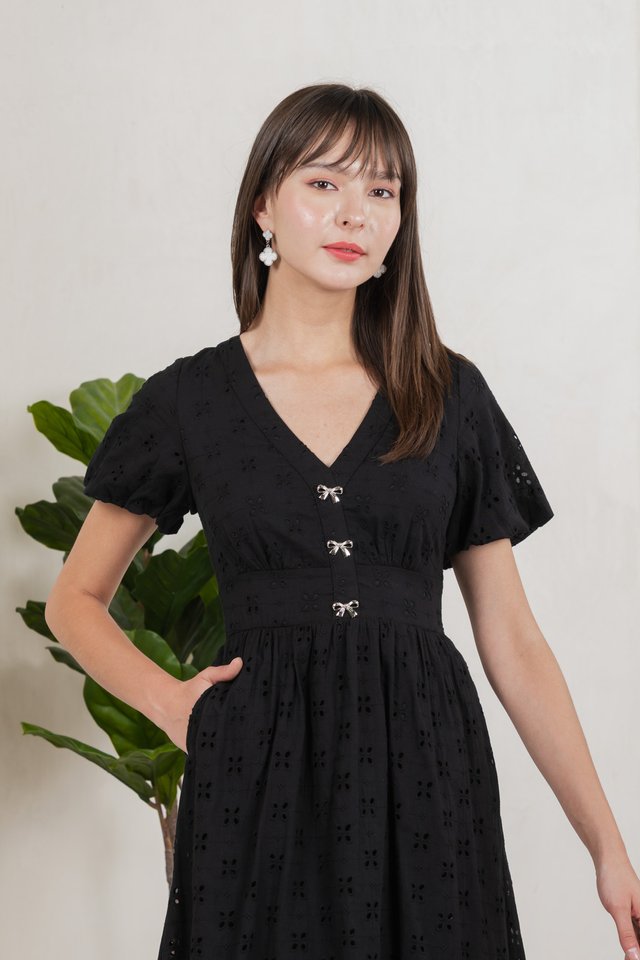 Eunice Ribbon Button Eyelet Midi Dress In Black