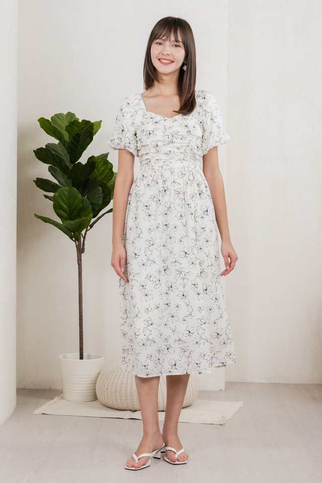Hibiscus Floral Ruched Midi Dress In White