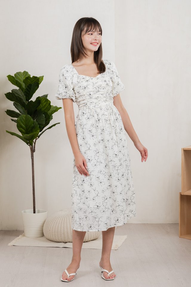 Hibiscus Floral Ruched Midi Dress In White