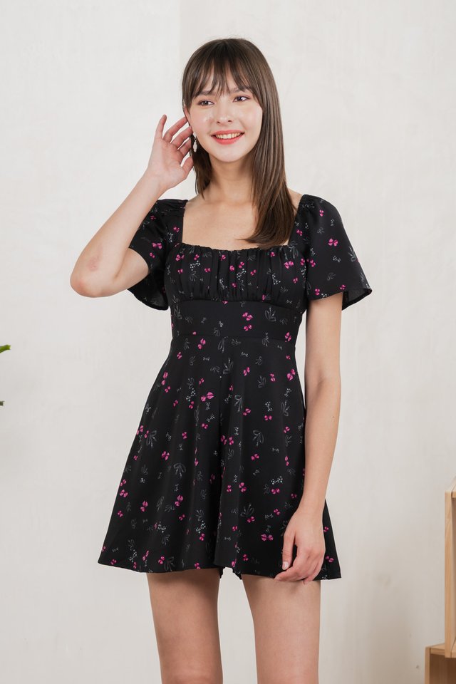 Freesia Ribbon Printed Ruched Romper