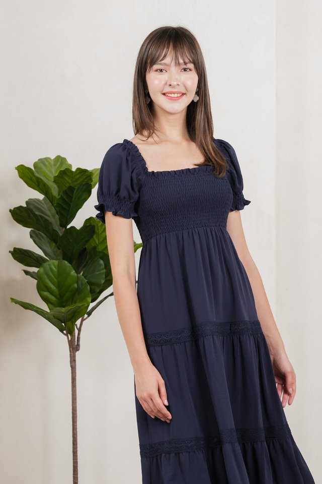 Coco Smocked Crochet Tiered Midi Dress In Navy