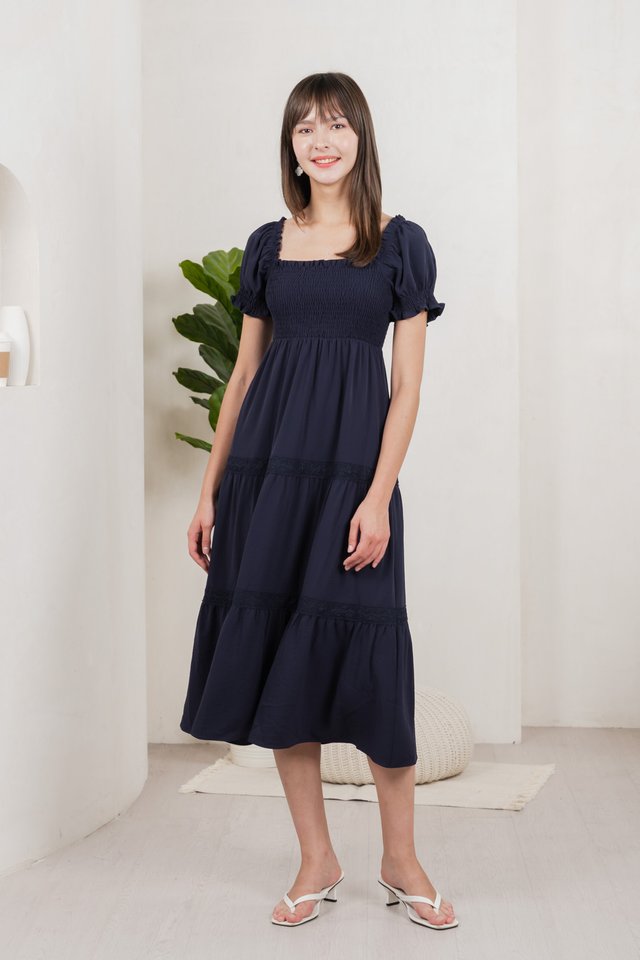 Coco Smocked Crochet Tiered Midi Dress In Navy