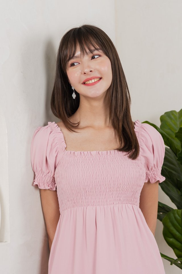 Coco Smocked Crochet Tiered Midi Dress In Pink