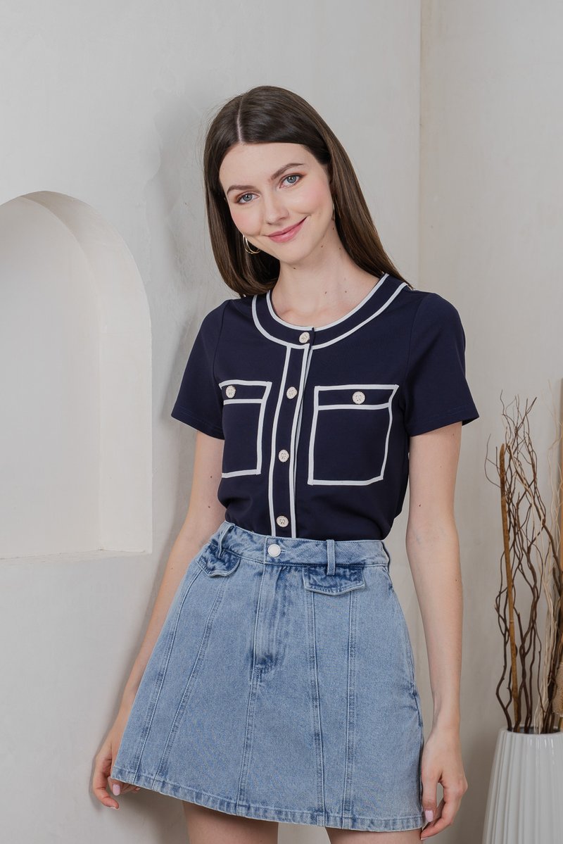 Stardust Contrast Piping Top In Navy