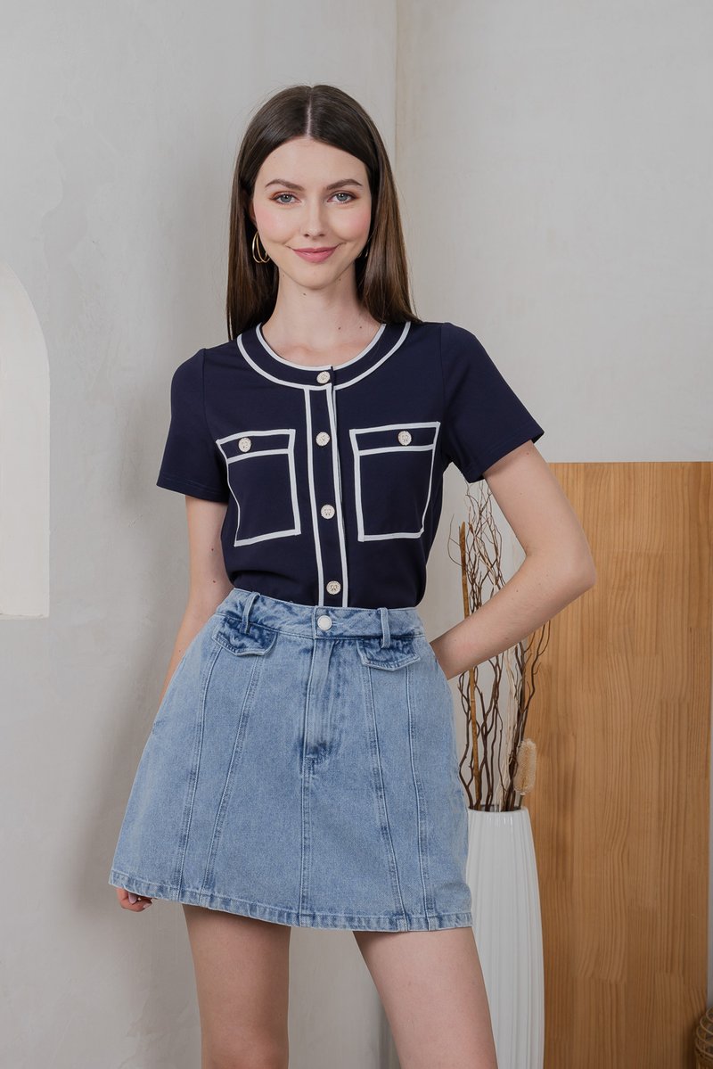 Stardust Contrast Piping Top In Navy