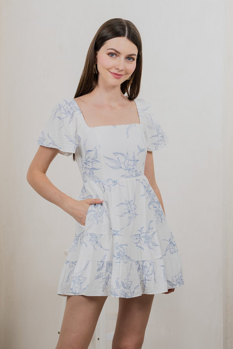 Parisa Printed Tiered Dress Romper In Pastel Blue