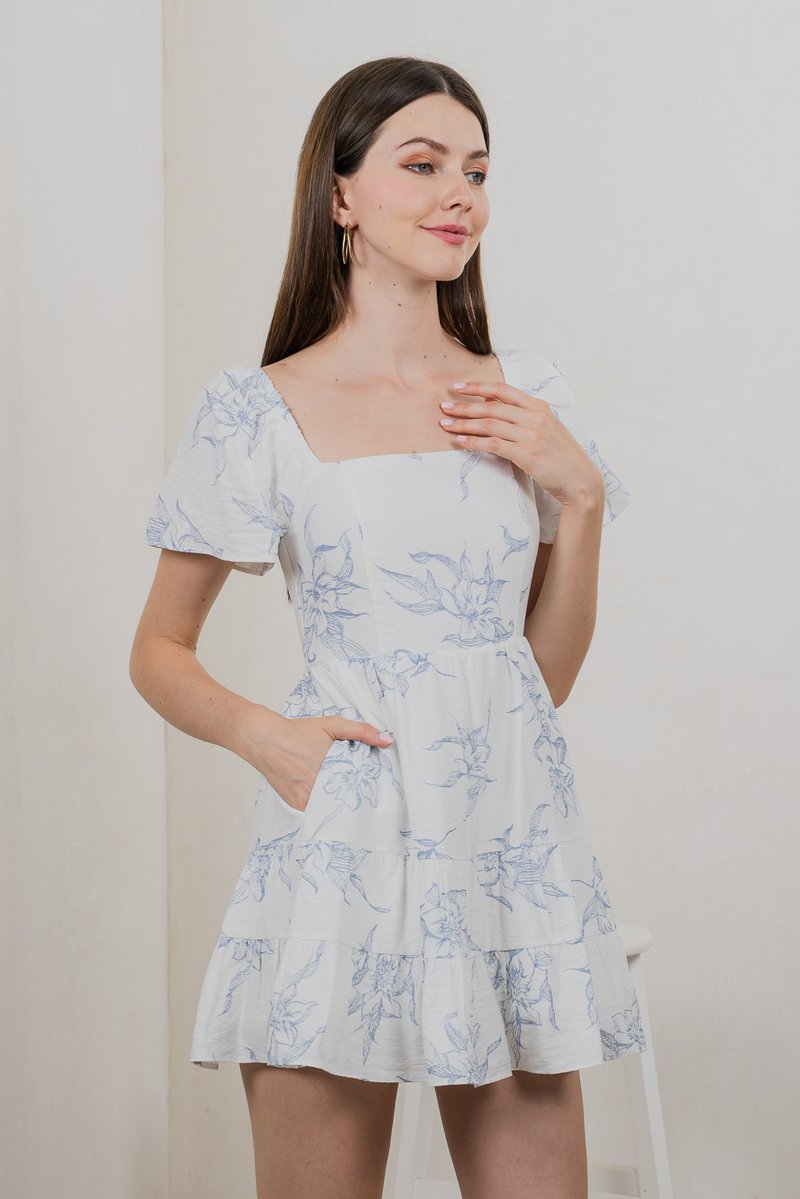 Parisa Printed Tiered Dress Romper In Pastel Blue