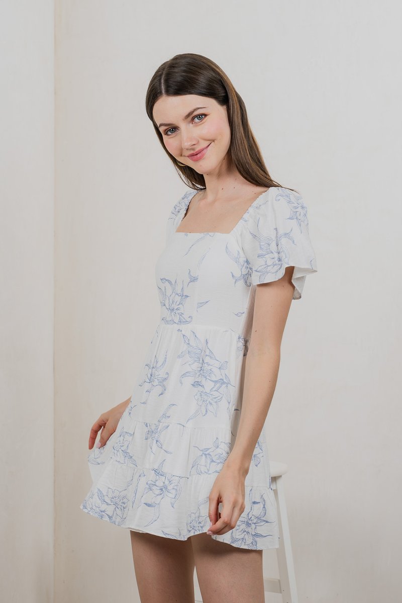 Parisa Printed Tiered Dress Romper In Pastel Blue