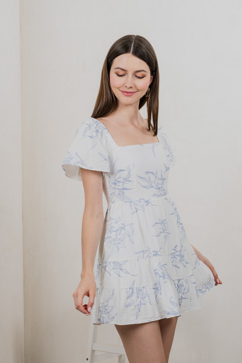 Parisa Printed Tiered Dress Romper In Pastel Blue