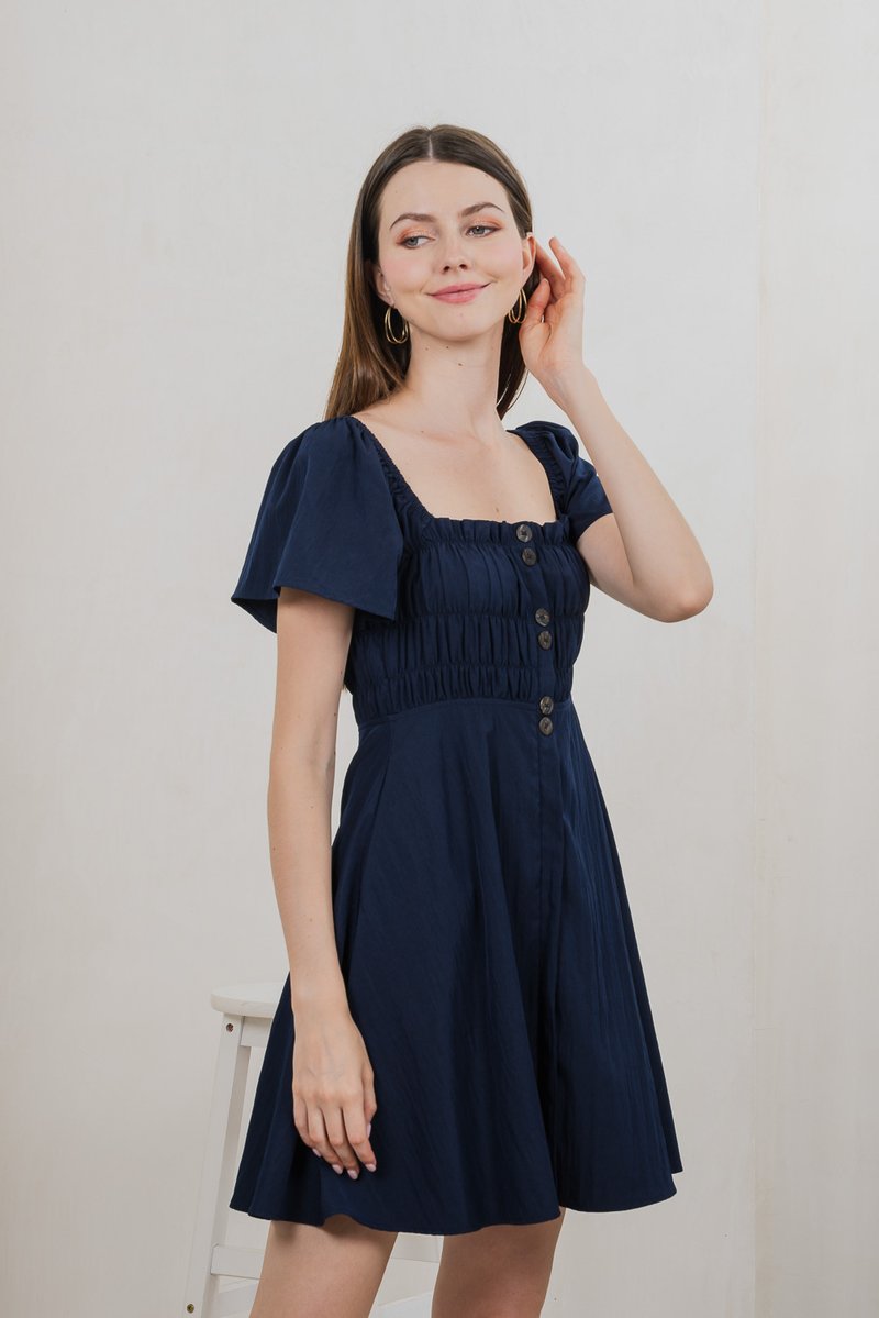 Saylor Tencel Ruched Buttons Dress In Navy