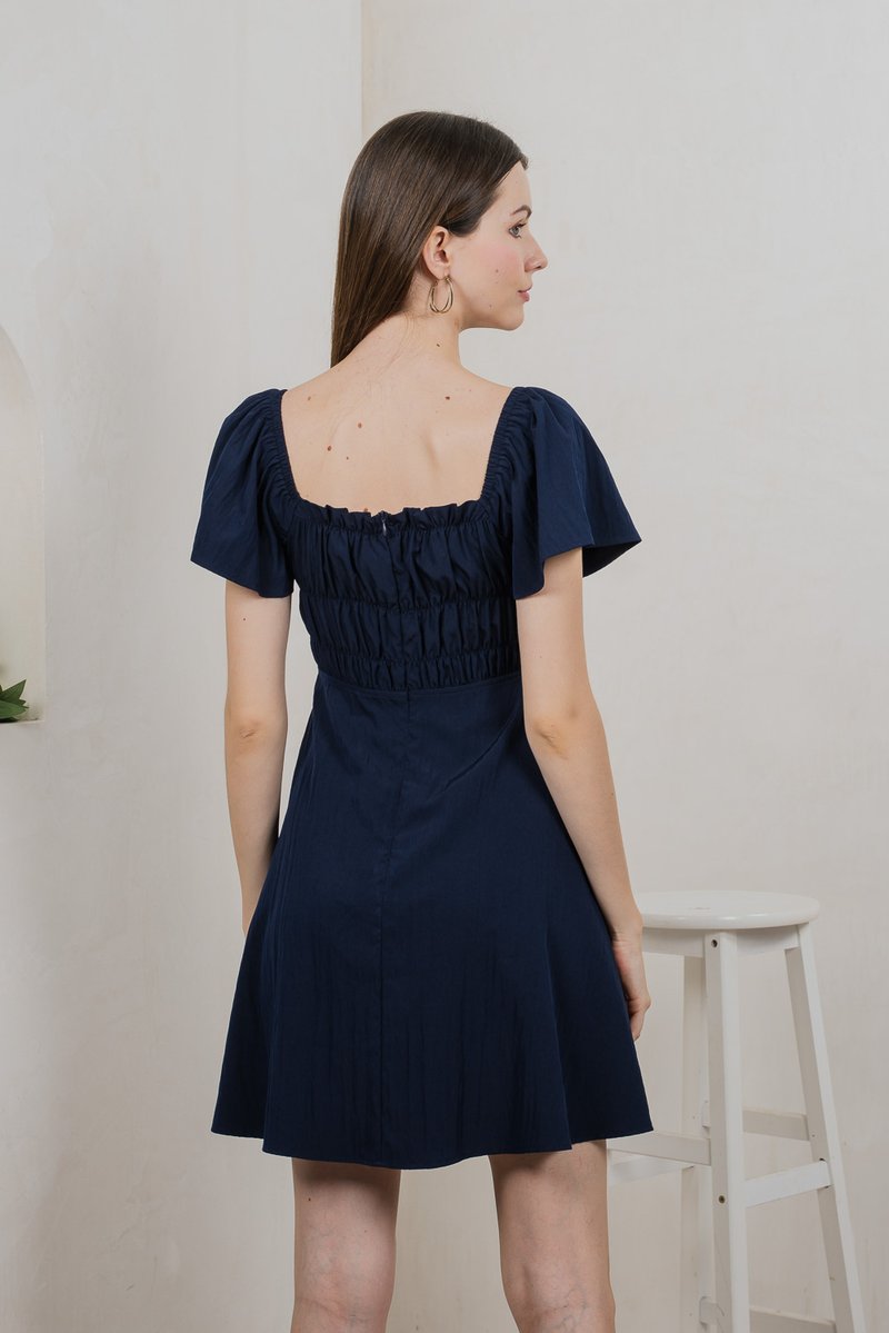 Saylor Tencel Ruched Buttons Dress In Navy