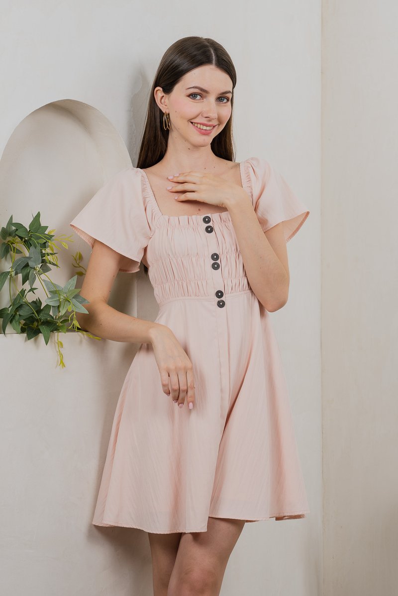 Saylor Tencel Ruched Buttons Dress In Blush