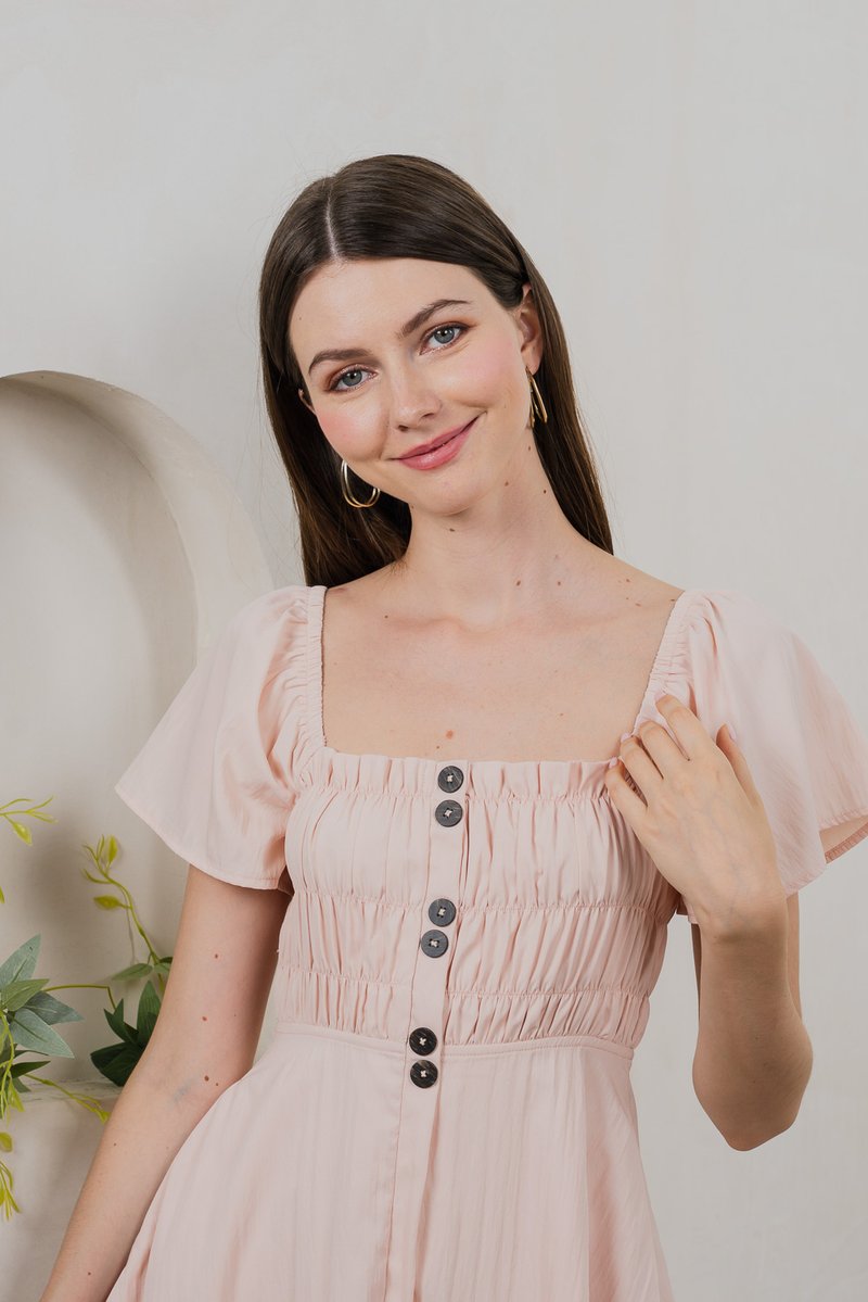 Saylor Tencel Ruched Buttons Dress In Blush