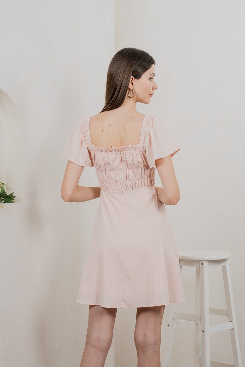 Saylor Tencel Ruched Buttons Dress In Blush