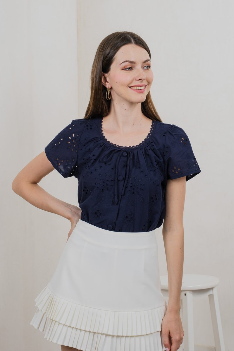 Centella Ribbon Embroidered Top In Navy