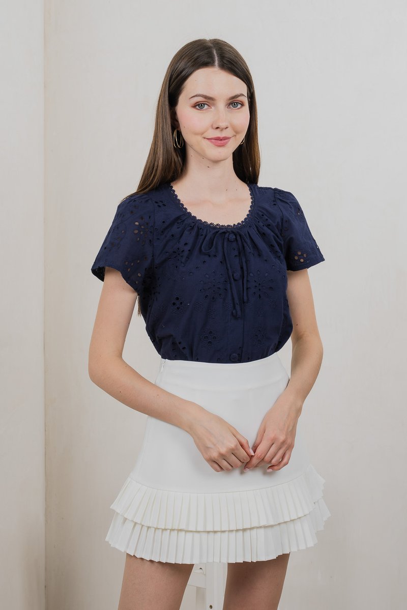 Centella Ribbon Embroidered Top In Navy