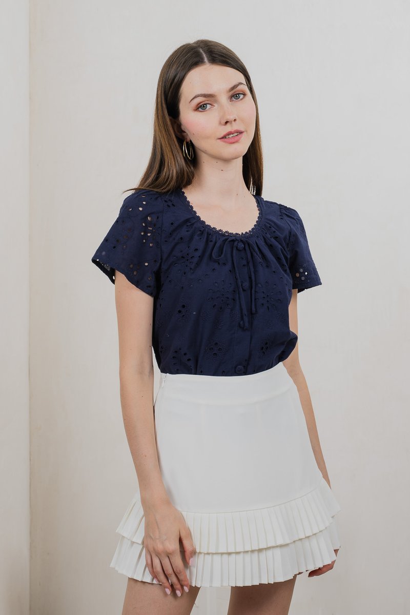 Centella Ribbon Embroidered Top In Navy
