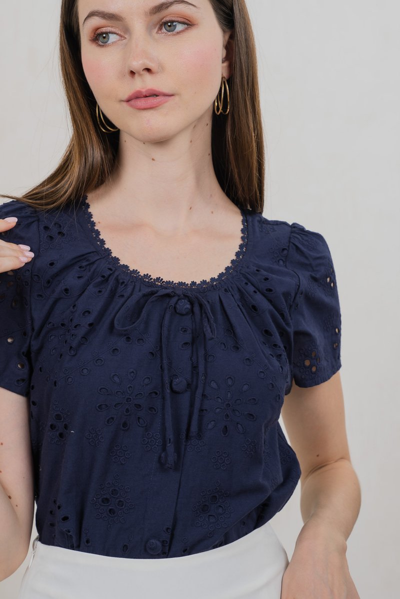 Centella Ribbon Embroidered Top In Navy