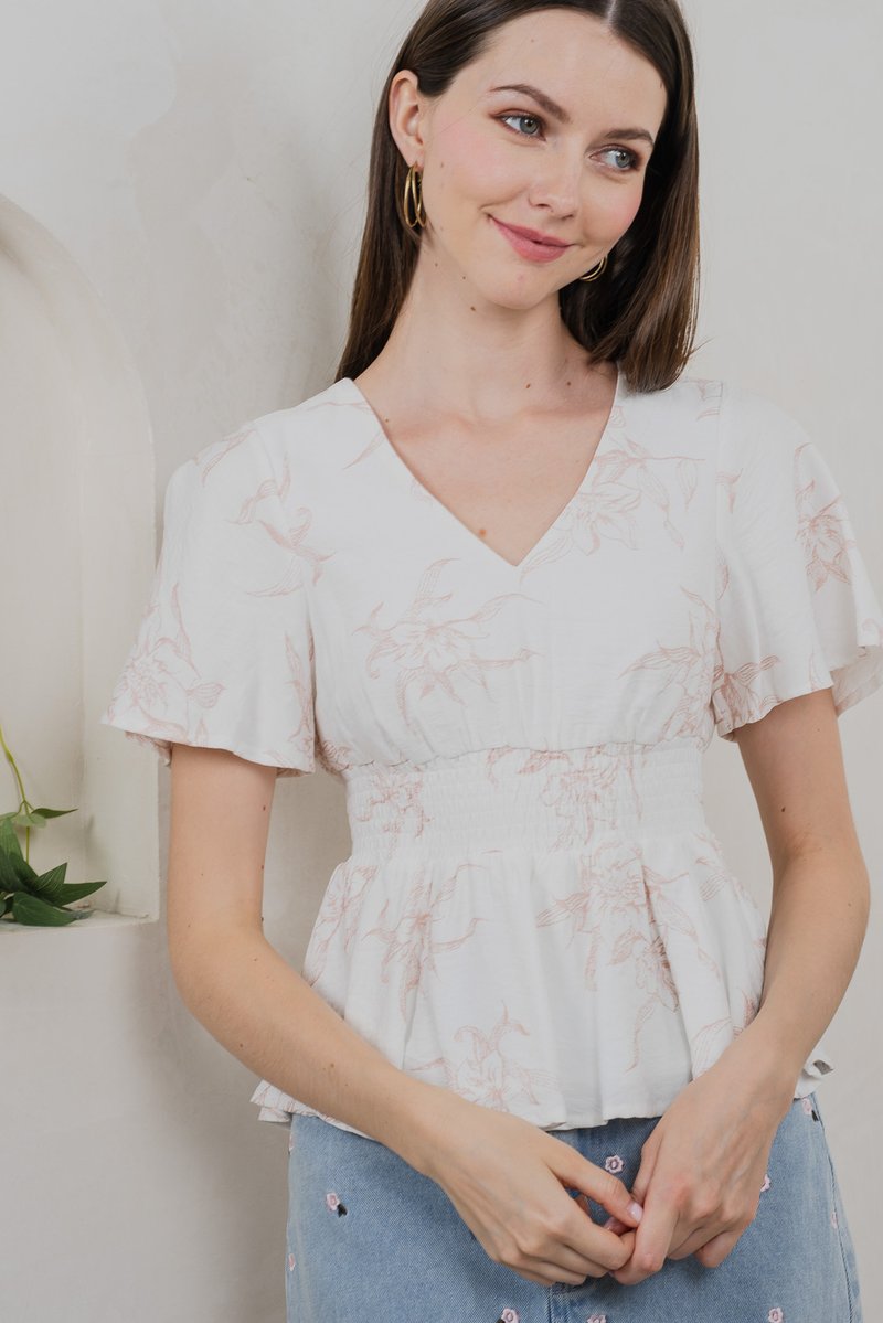 Parisa Printed Smocked Waist Top In Blush Pink