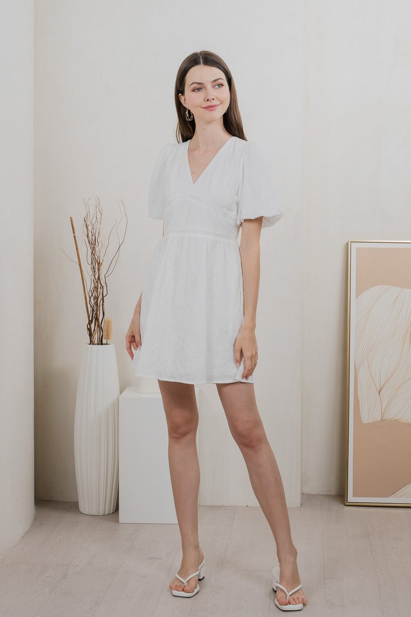 Ohara Embroidery Empire Dress In White