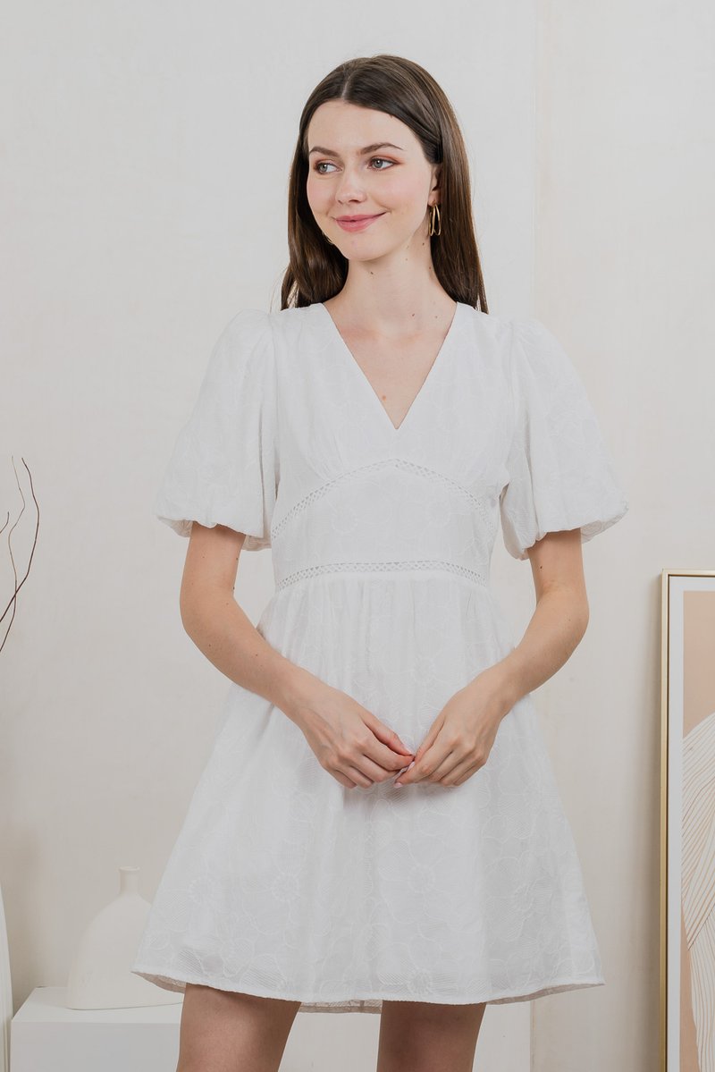Ohara Embroidery Empire Dress In White