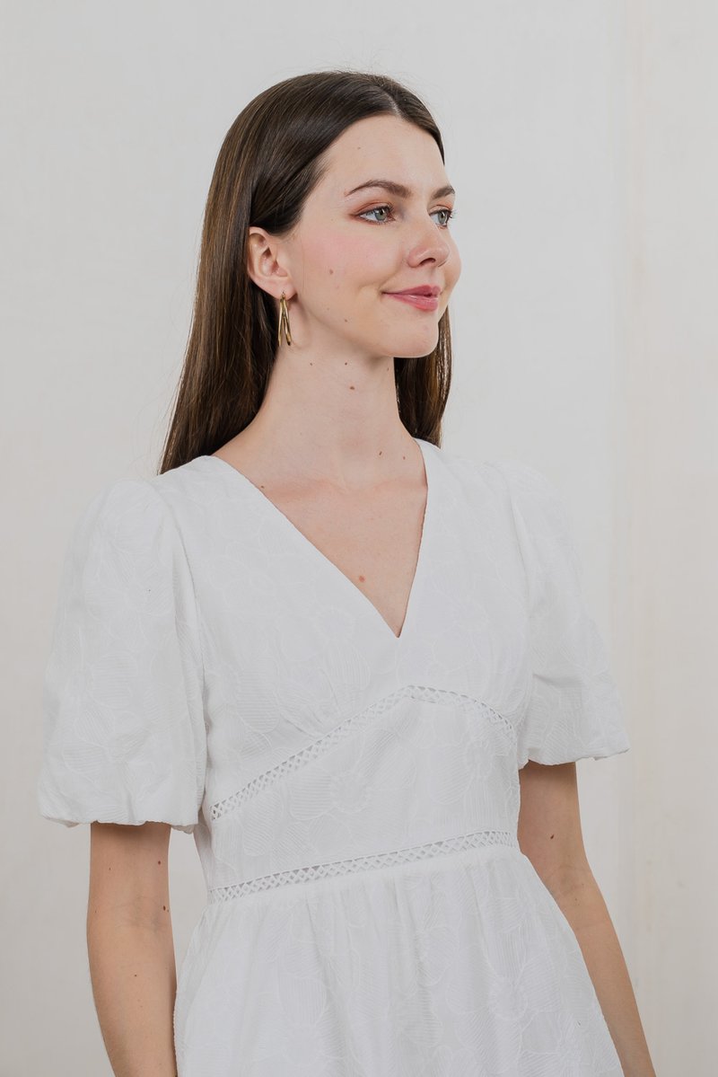 Ohara Embroidery Empire Dress In White