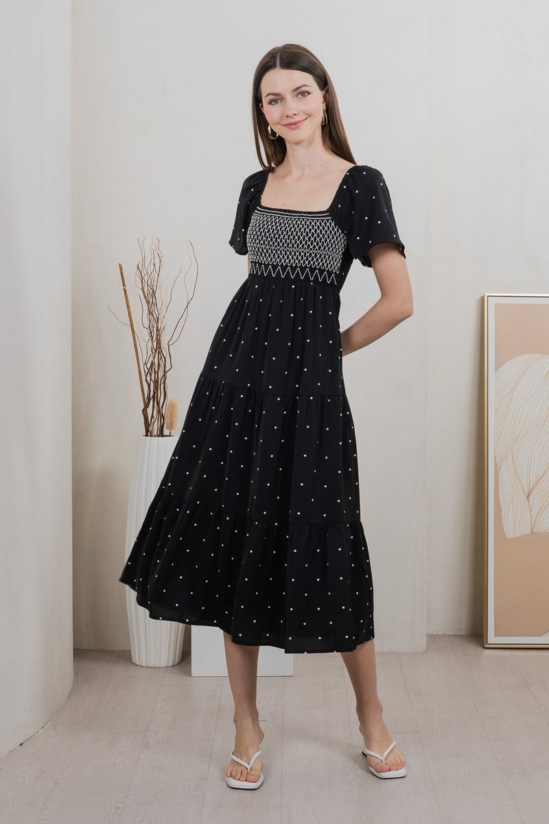 Sofi Polka Dot Midi Dress In Black