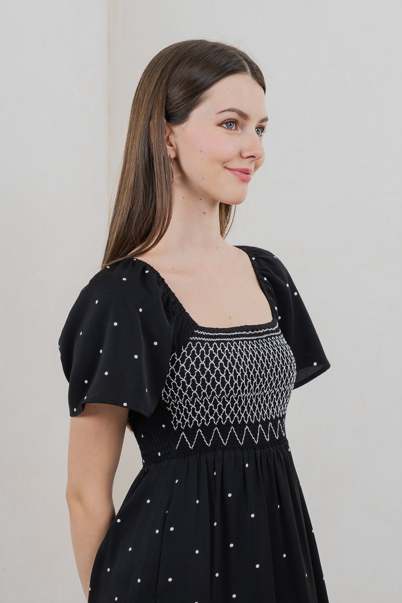 Sofi Polka Dot Midi Dress In Black