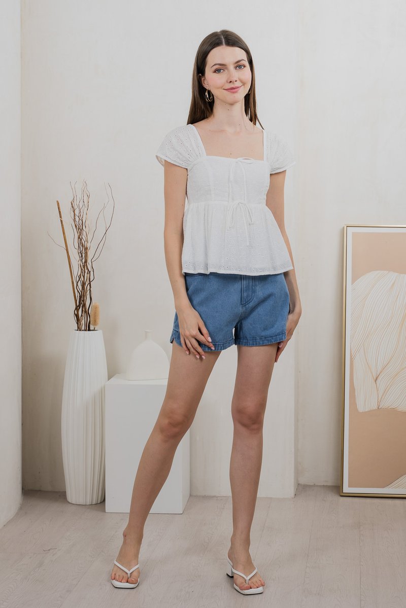Lucille Eyelet Ribbon Top In White