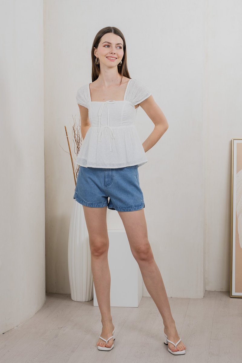 Lucille Eyelet Ribbon Top In White